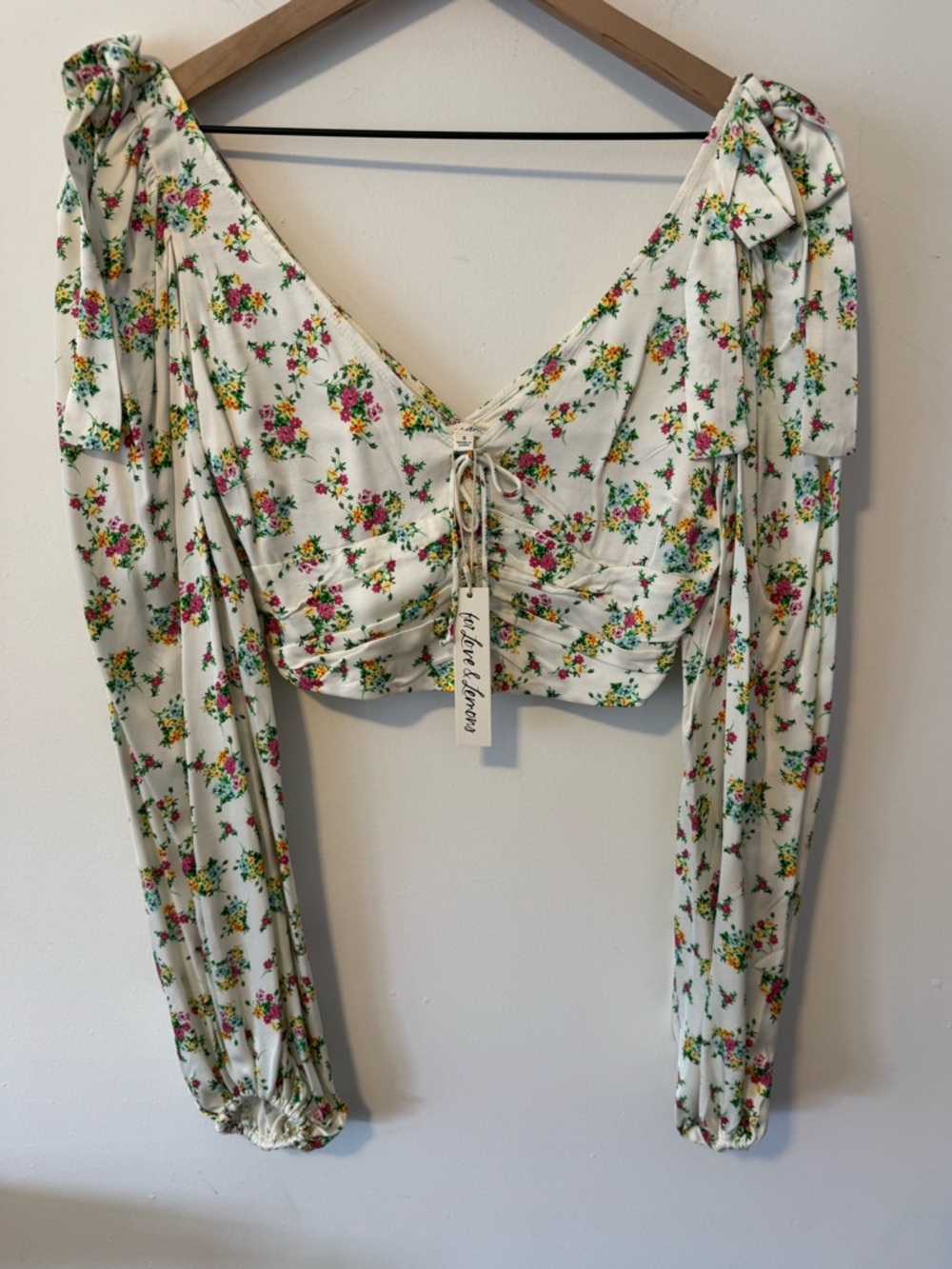 For Love & Lemons White Floral Tie-Front Long Sleeve Crop Top Small